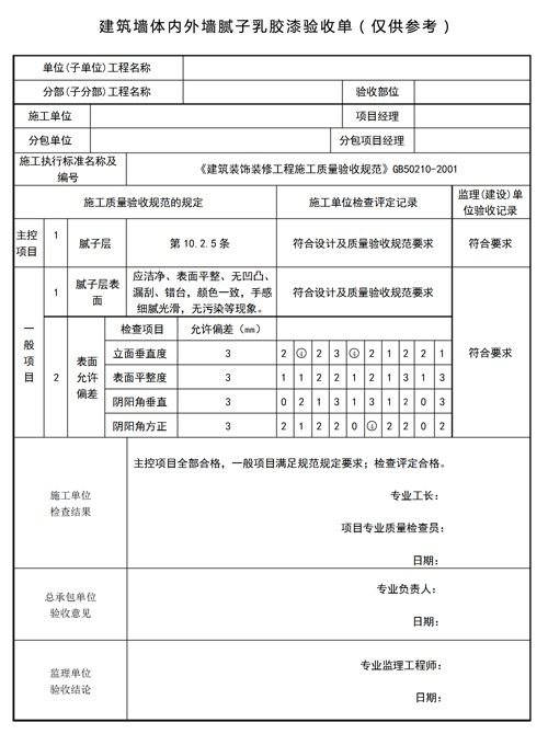 建筑內墻乳膠漆驗收單